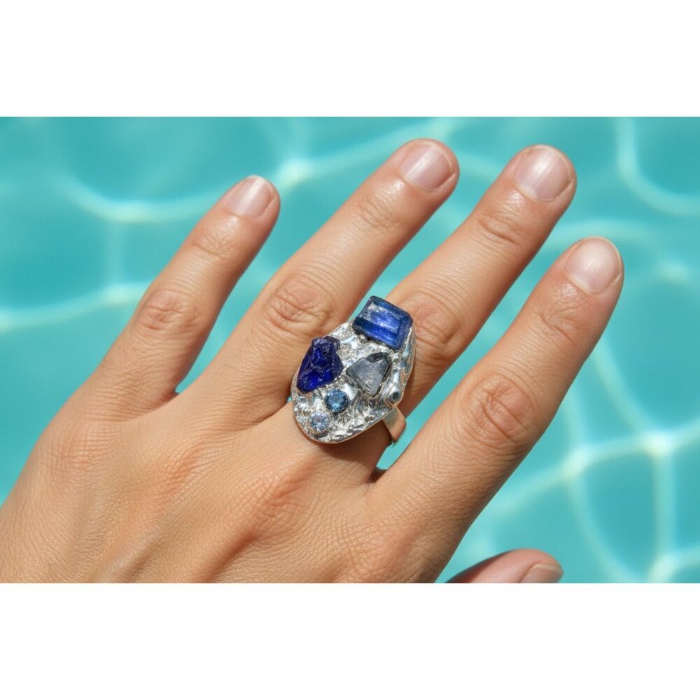 Brutalist Sea Glass Ring - Sterling Silver Cocktail Ring with Crystal Size 9 - Picture 3 of 11